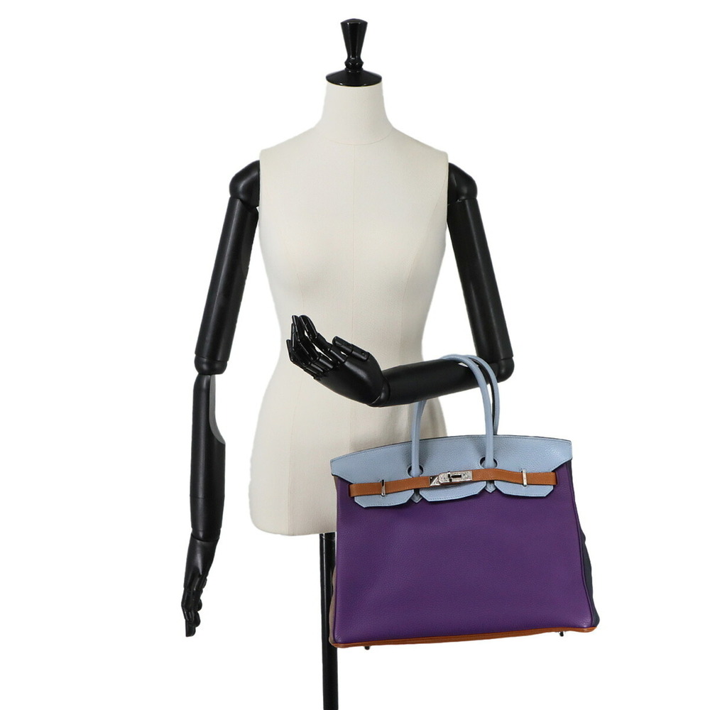 Birkin 35 Arlequin Hermes HERMES Taurillon Clemence Ultraviolet Blue Lin Hand... - Picture 10 of 10